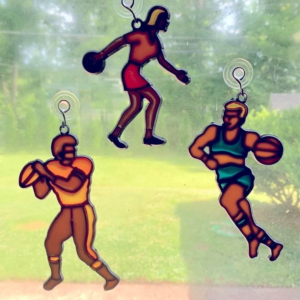 VTG Lot of 3 Stained Glass Style Sun Catcher Sports Basketball Bowling Football